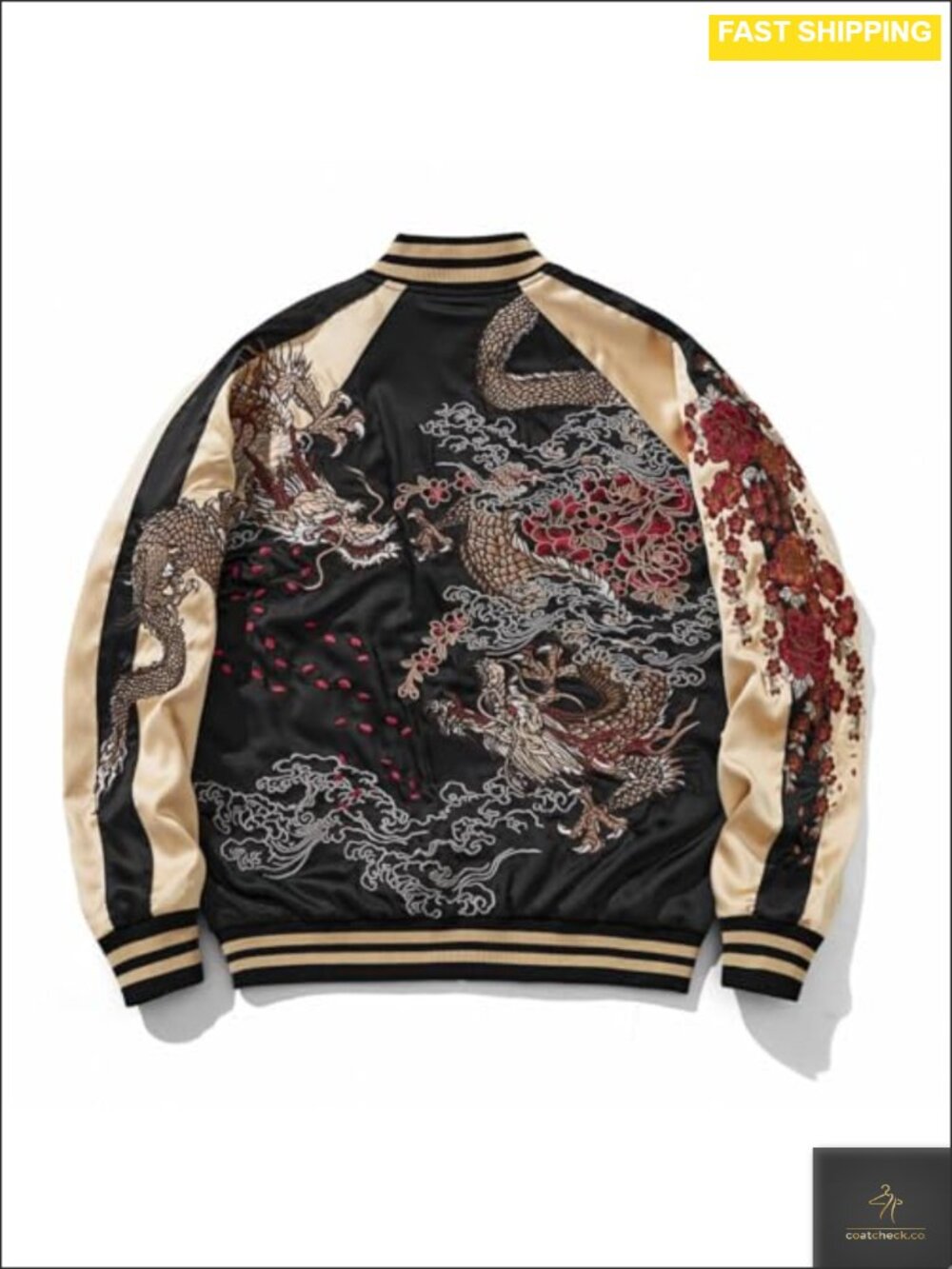 Satin Bomber Jacket Dragon Embroidered Sukajan Windbreaker Ribbed Cuffs